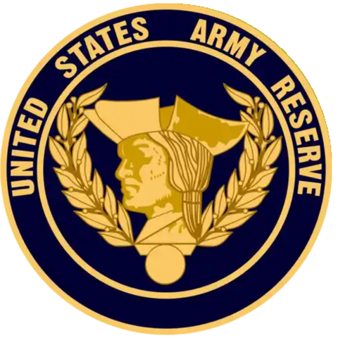 U.S. Army Reserve Seal with blue background and gold lettering, and gold soldier.